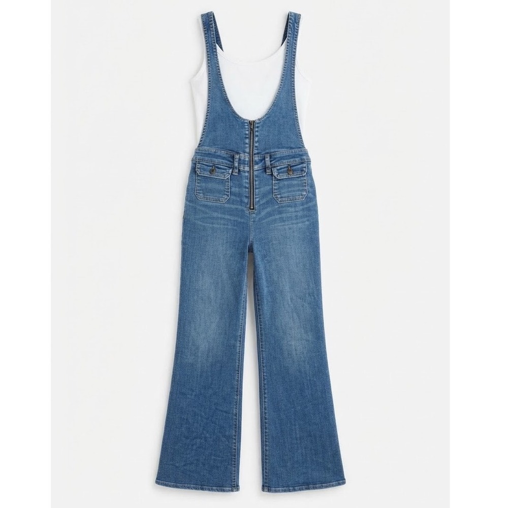 Blue Denim Flare Leg Overalls Front Zip Wide Leg Jumpsuit Medium Wash Stretch